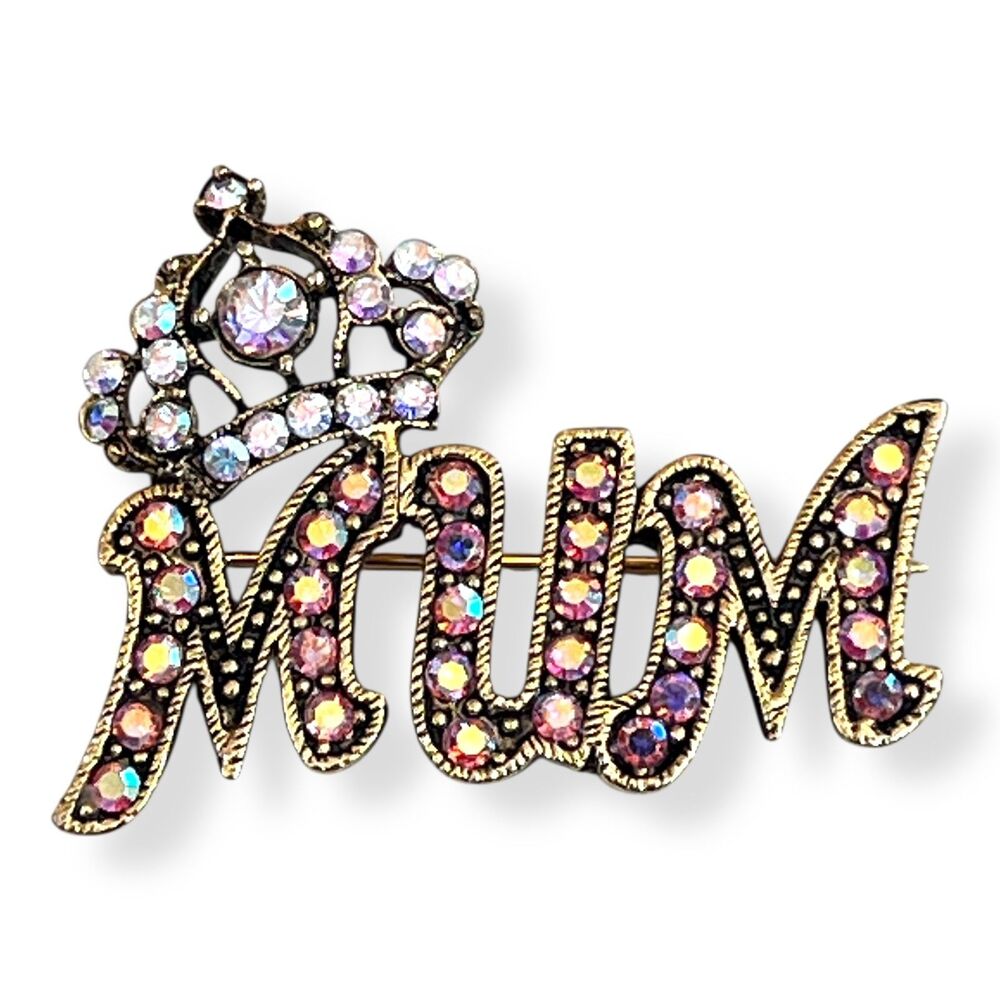 Kirks Folly Brooch MUM AB Rhinestone Crown Gold Tone - 1C